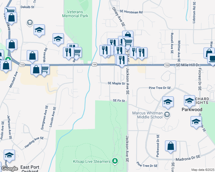 map of restaurants, bars, coffee shops, grocery stores, and more near 2966 Southeast Maple Street in Port Orchard