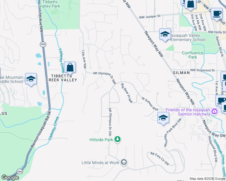 map of restaurants, bars, coffee shops, grocery stores, and more near 150 Mount Olympus Drive Northwest in Issaquah