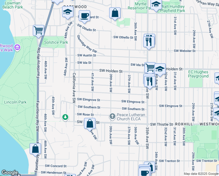 map of restaurants, bars, coffee shops, grocery stores, and more near 3901 Southwest Kenyon Street in Seattle