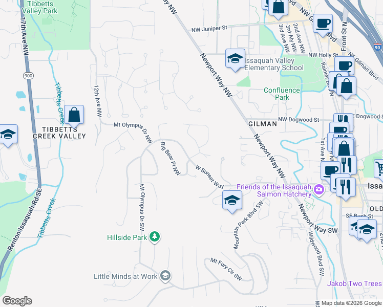 map of restaurants, bars, coffee shops, grocery stores, and more near 800 West Sunset Way in Issaquah