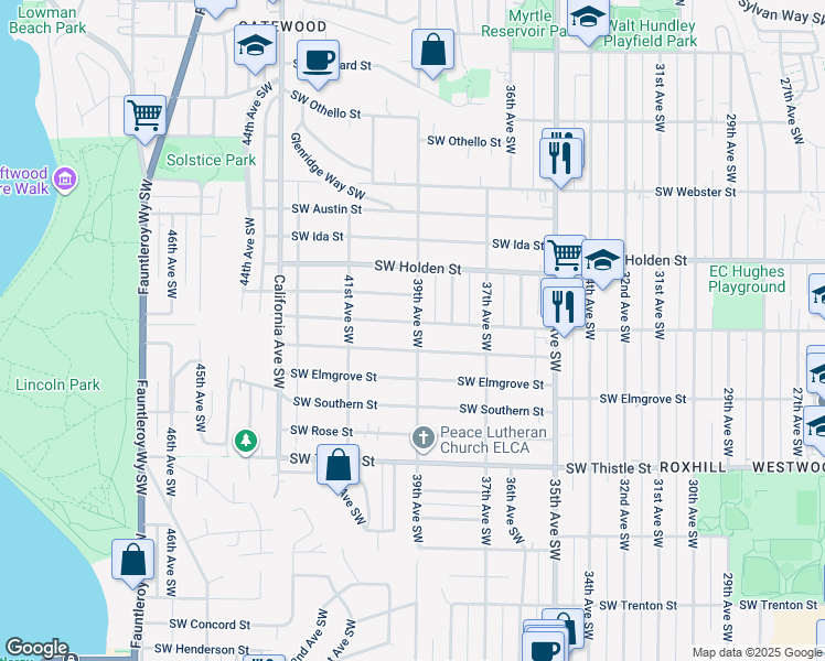 map of restaurants, bars, coffee shops, grocery stores, and more near 3901 Southwest Kenyon Street in Seattle
