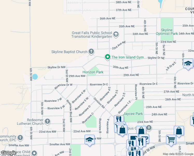 map of restaurants, bars, coffee shops, grocery stores, and more near 116 29th Avenue Northeast in Great Falls