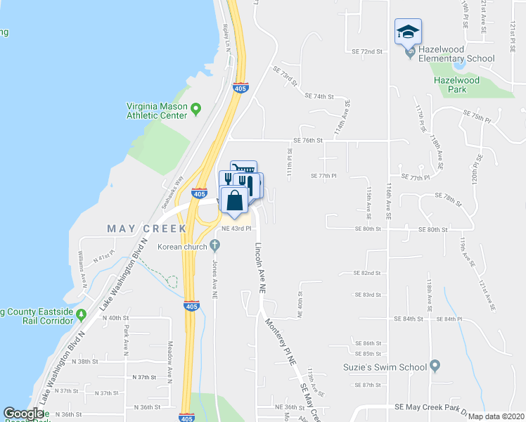 map of restaurants, bars, coffee shops, grocery stores, and more near 7900 110th Avenue Southeast in Newcastle