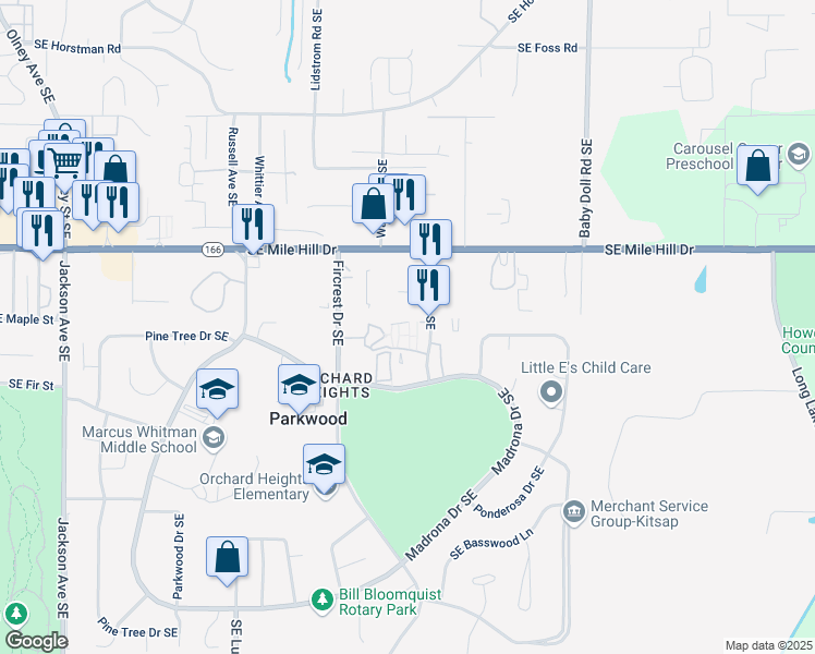 map of restaurants, bars, coffee shops, grocery stores, and more near 1776 Village Lane Southeast in Port Orchard