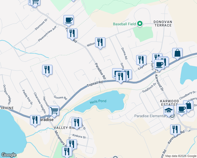 map of restaurants, bars, coffee shops, grocery stores, and more near 1510 Topsail Road in Paradise