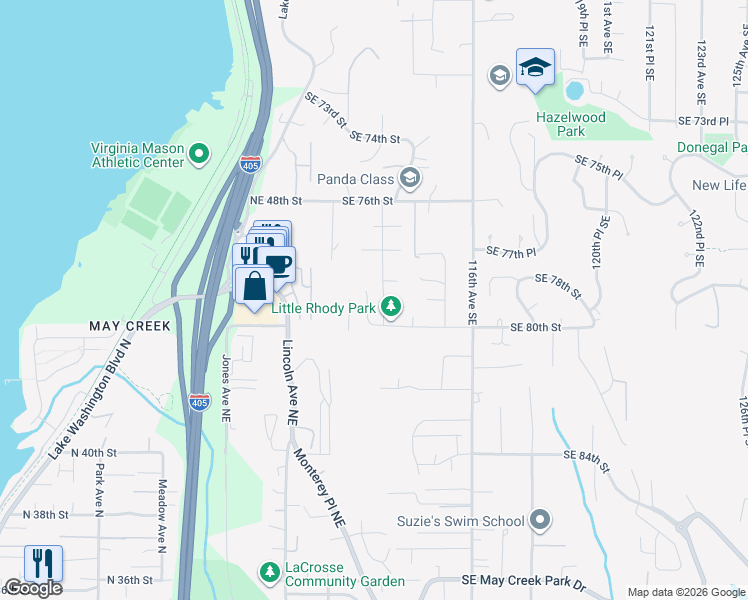 map of restaurants, bars, coffee shops, grocery stores, and more near 7942 112th Lane Southeast in Newcastle