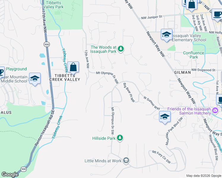 map of restaurants, bars, coffee shops, grocery stores, and more near 135 Mount Olympus Drive Northwest in Issaquah