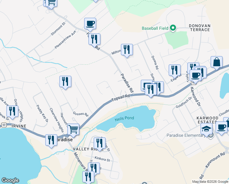 map of restaurants, bars, coffee shops, grocery stores, and more near 4 Heightview Drive in Paradise