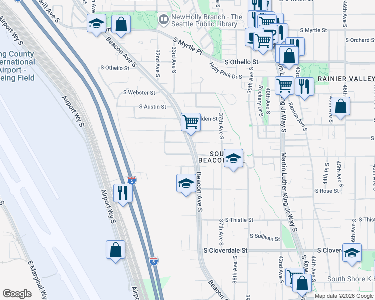 map of restaurants, bars, coffee shops, grocery stores, and more near 7815 Beacon Avenue South in Seattle