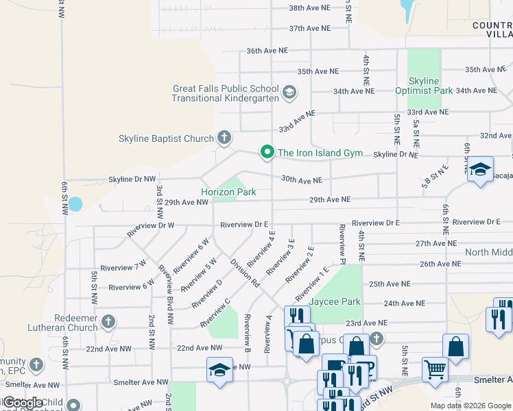 map of restaurants, bars, coffee shops, grocery stores, and more near 132 29th Ave NE in Great Falls