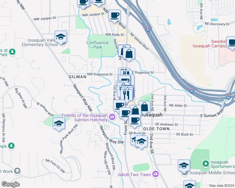map of restaurants, bars, coffee shops, grocery stores, and more near 158 1st Place Northwest in Issaquah