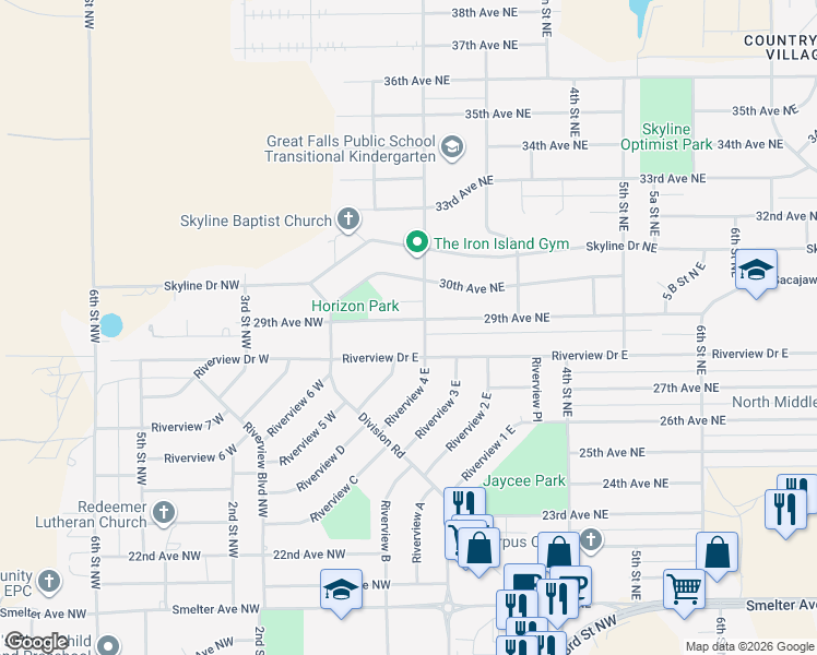map of restaurants, bars, coffee shops, grocery stores, and more near 132 29th Avenue Northeast in Great Falls