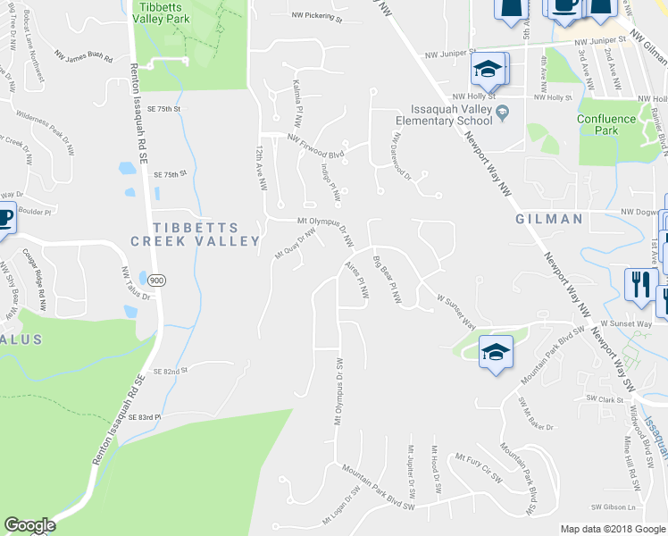 map of restaurants, bars, coffee shops, grocery stores, and more near 135 Mount Olympus Drive Northwest in Issaquah