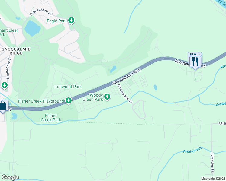 map of restaurants, bars, coffee shops, grocery stores, and more near 36722 Southeast Gravenstein Court in Snoqualmie