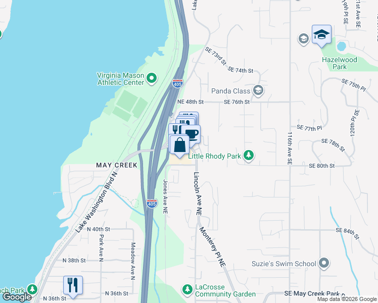 map of restaurants, bars, coffee shops, grocery stores, and more near 1785 Northeast 44th Street in Renton