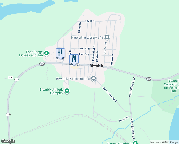 map of restaurants, bars, coffee shops, grocery stores, and more near 108 West Railroad Street South in Biwabik