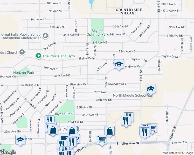 map of restaurants, bars, coffee shops, grocery stores, and more near 518 29th Avenue Northeast in Great Falls