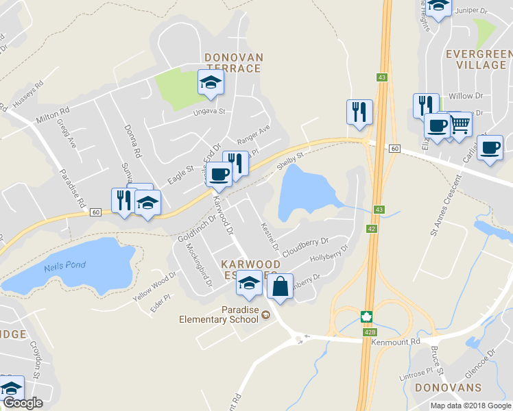 map of restaurants, bars, coffee shops, grocery stores, and more near 39 Kestrel Drive in Paradise