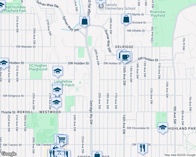 map of restaurants, bars, coffee shops, grocery stores, and more near 7757 20th Avenue Southwest in Seattle