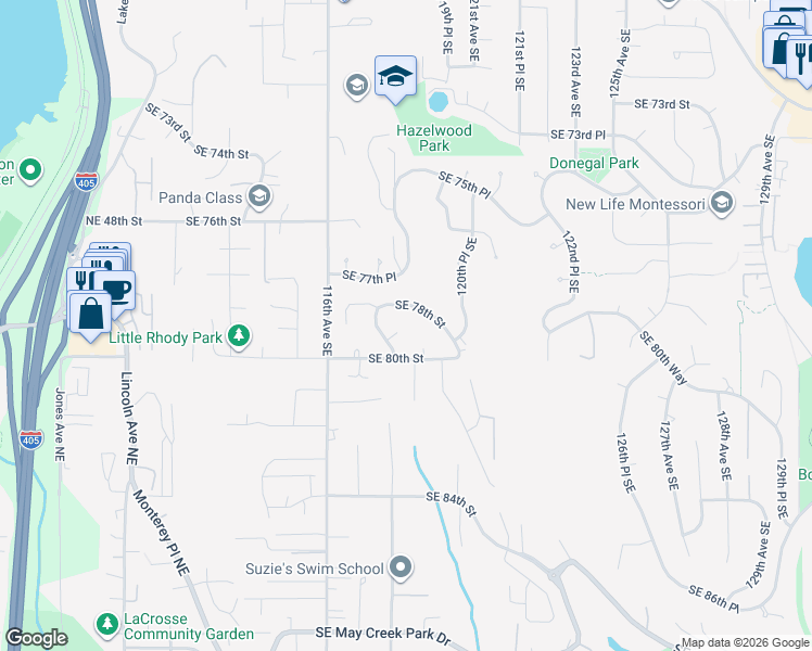 map of restaurants, bars, coffee shops, grocery stores, and more near 11821 Southeast 79th Court in Newcastle
