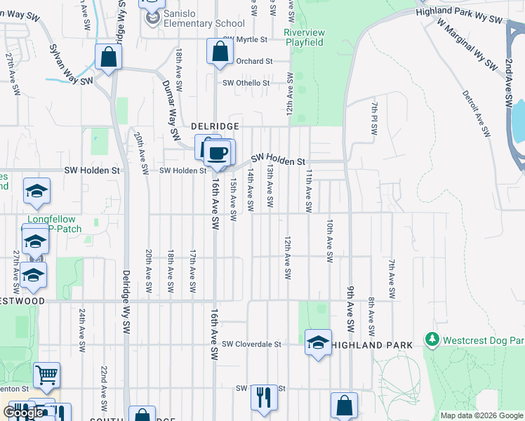 map of restaurants, bars, coffee shops, grocery stores, and more near 7777 13th Avenue Southwest in Seattle