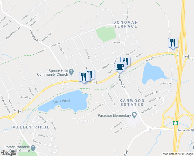 map of restaurants, bars, coffee shops, grocery stores, and more near 3 Donna Road in Paradise