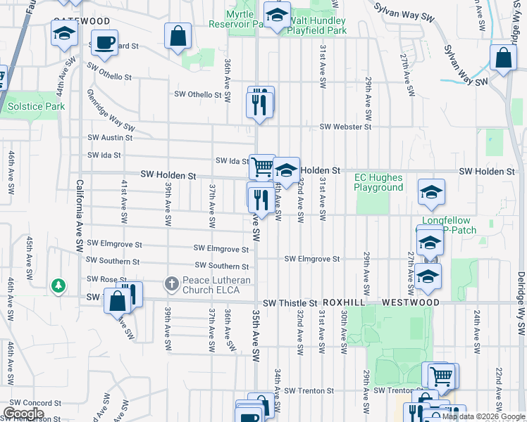 map of restaurants, bars, coffee shops, grocery stores, and more near 7756 35th Avenue Southwest in Seattle