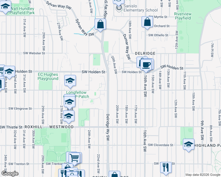 map of restaurants, bars, coffee shops, grocery stores, and more near 7757 20th Avenue Southwest in Seattle