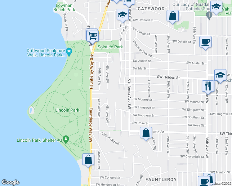 map of restaurants, bars, coffee shops, grocery stores, and more near 4415 Southwest Kenyon Street in Seattle
