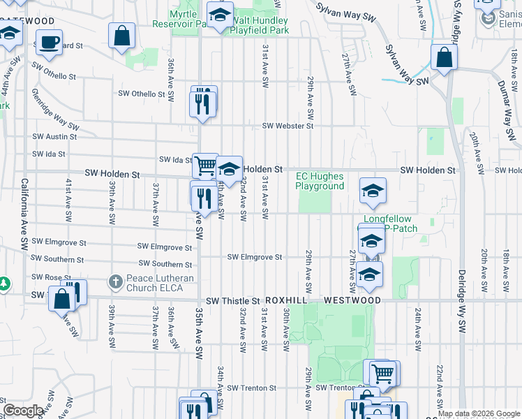 map of restaurants, bars, coffee shops, grocery stores, and more near 7757 31st Avenue Southwest in Seattle