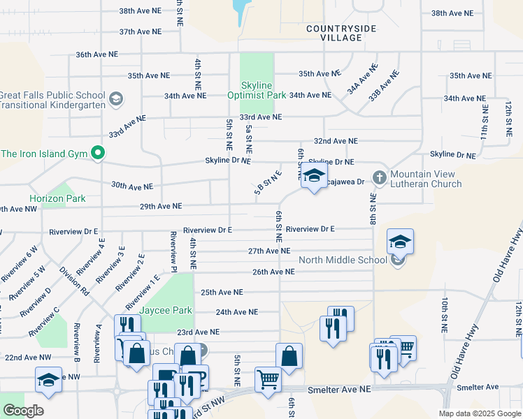 map of restaurants, bars, coffee shops, grocery stores, and more near 518 29th Avenue Northeast in Great Falls