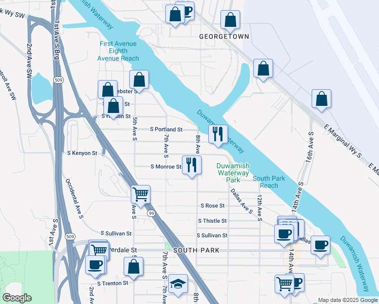 map of restaurants, bars, coffee shops, grocery stores, and more near 744 S Kenyon St in Seattle