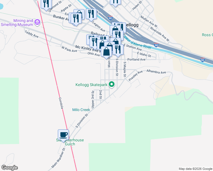 map of restaurants, bars, coffee shops, grocery stores, and more near 511 Main Street in Wardner