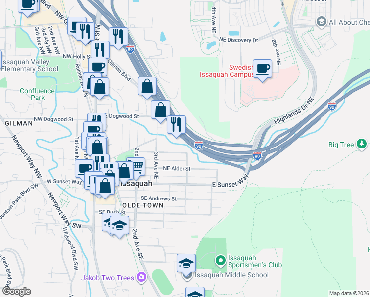 map of restaurants, bars, coffee shops, grocery stores, and more near 194 5th Avenue Southeast in Issaquah