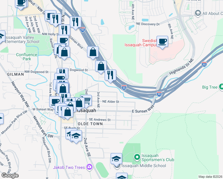 map of restaurants, bars, coffee shops, grocery stores, and more near 371 Northeast Gilman Boulevard in Issaquah
