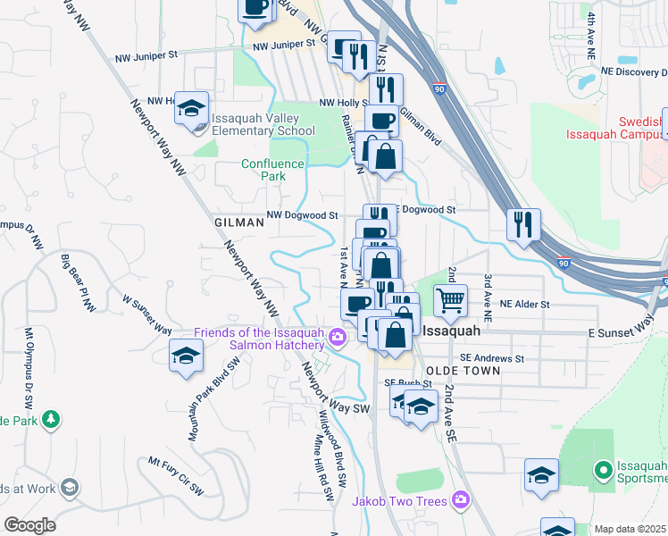 map of restaurants, bars, coffee shops, grocery stores, and more near 165 1st Avenue Northwest in Issaquah