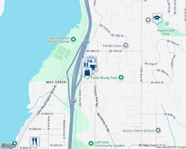 map of restaurants, bars, coffee shops, grocery stores, and more near 1785 Northeast 44th Street in Renton