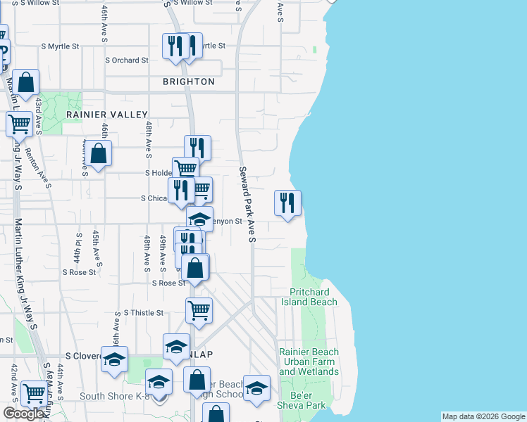 map of restaurants, bars, coffee shops, grocery stores, and more near 5332 South Kenyon Street in Seattle