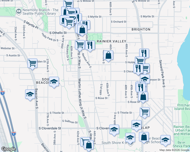 map of restaurants, bars, coffee shops, grocery stores, and more near 7853 Renton Avenue South in Seattle
