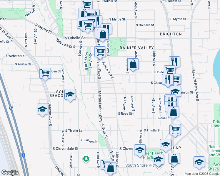 map of restaurants, bars, coffee shops, grocery stores, and more near 7853 Renton Avenue South in Seattle