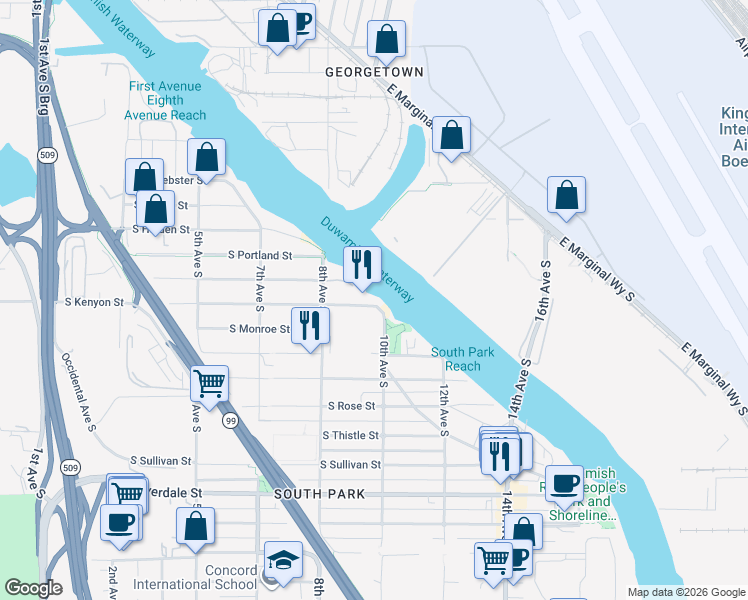 map of restaurants, bars, coffee shops, grocery stores, and more near 847-855 South Kenyon Street in Seattle