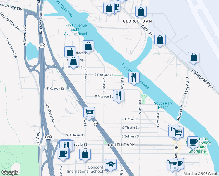 map of restaurants, bars, coffee shops, grocery stores, and more near 706 South Kenyon Street in Seattle