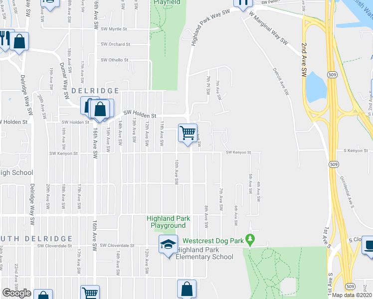 map of restaurants, bars, coffee shops, grocery stores, and more near 910 Southwest Kenyon Street in Seattle
