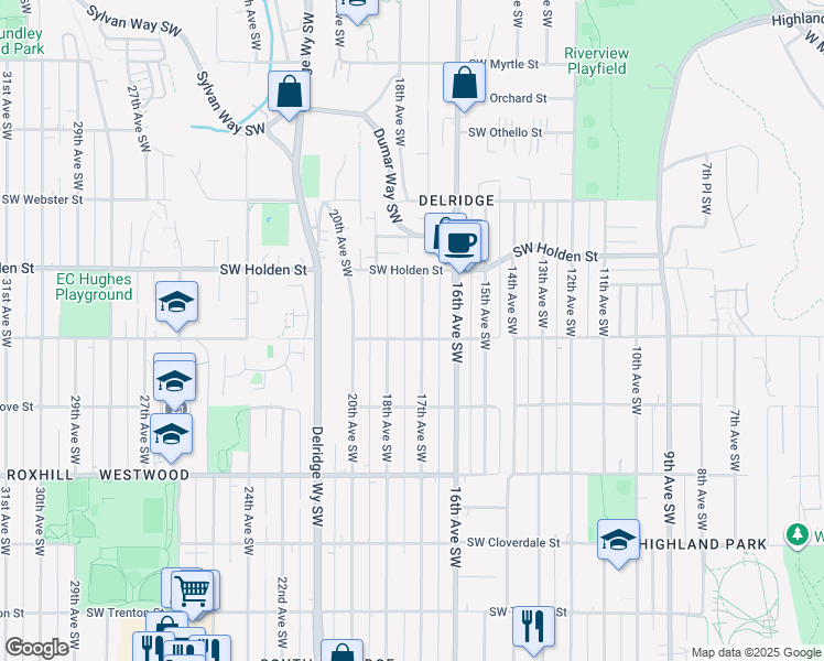 map of restaurants, bars, coffee shops, grocery stores, and more near 7757 17th Avenue Southwest in Seattle