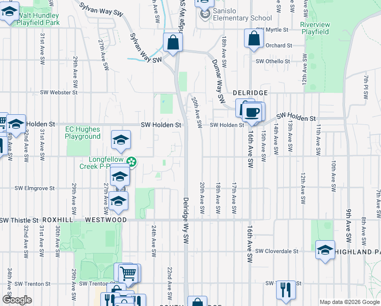 map of restaurants, bars, coffee shops, grocery stores, and more near 7757 20th Avenue Southwest in Seattle