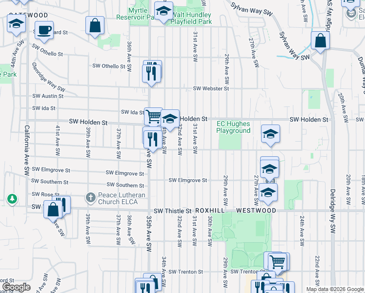 map of restaurants, bars, coffee shops, grocery stores, and more near 7757 31st Avenue Southwest in Seattle