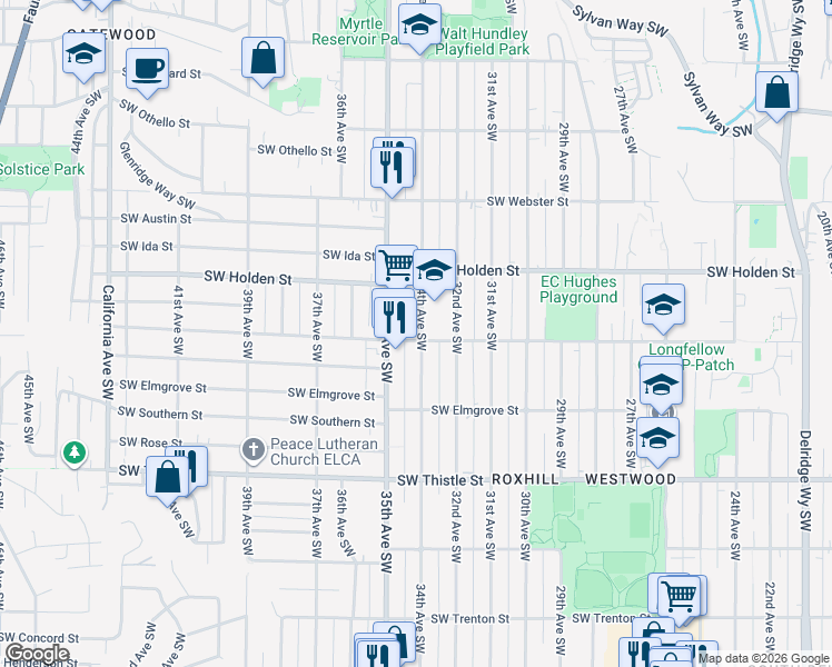 map of restaurants, bars, coffee shops, grocery stores, and more near 7756 35th Avenue Southwest in Seattle