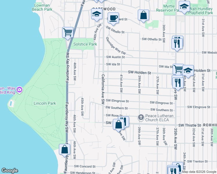 map of restaurants, bars, coffee shops, grocery stores, and more near 4143 Southwest Kenyon Street in Seattle