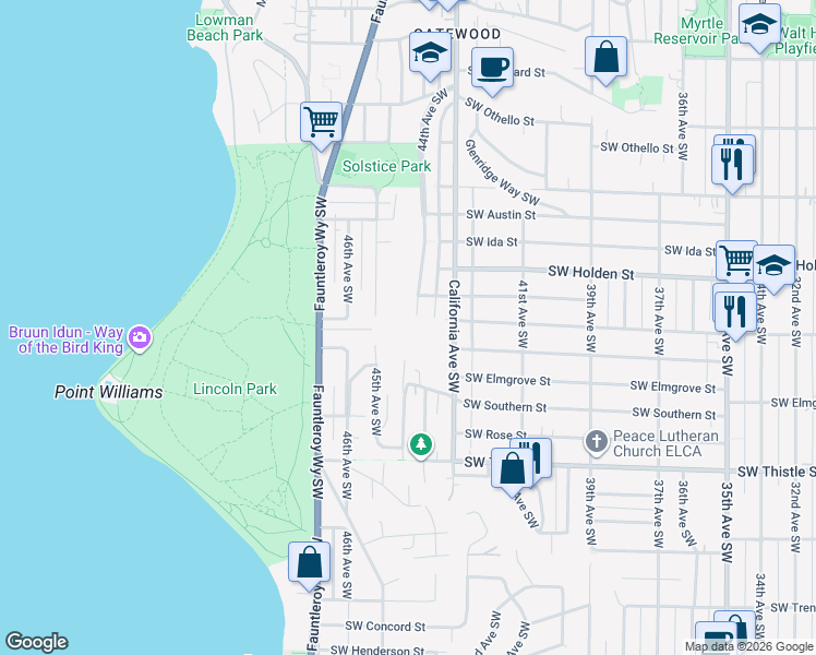 map of restaurants, bars, coffee shops, grocery stores, and more near 4415 Southwest Kenyon Street in Seattle
