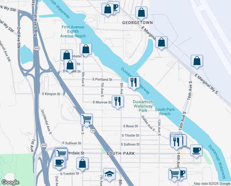 map of restaurants, bars, coffee shops, grocery stores, and more near 744 South Kenyon Street in Seattle
